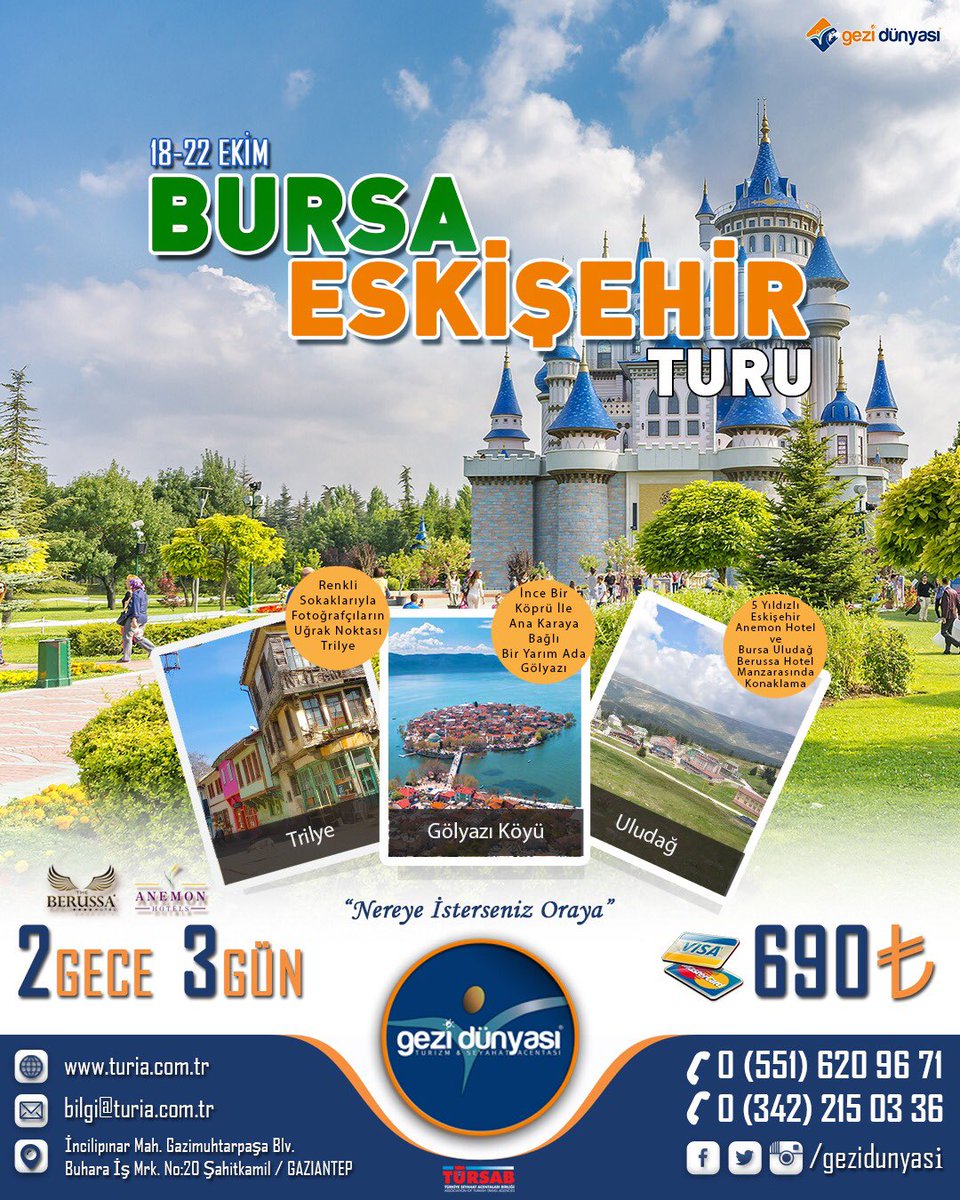 Bursa&amp;Eskişehir Turu 
İletişim: 📞0(551)6209671 #gezidünyası #seyahat #acentesi #gaziantep #gezi #dünyası #turia #turizm #gaziantepgezi #acente #gaziantepçıkışlı #gazianteptur #tur #travel #trip #tour #turiaturizm #gezidunyasi #antep #gaziantep