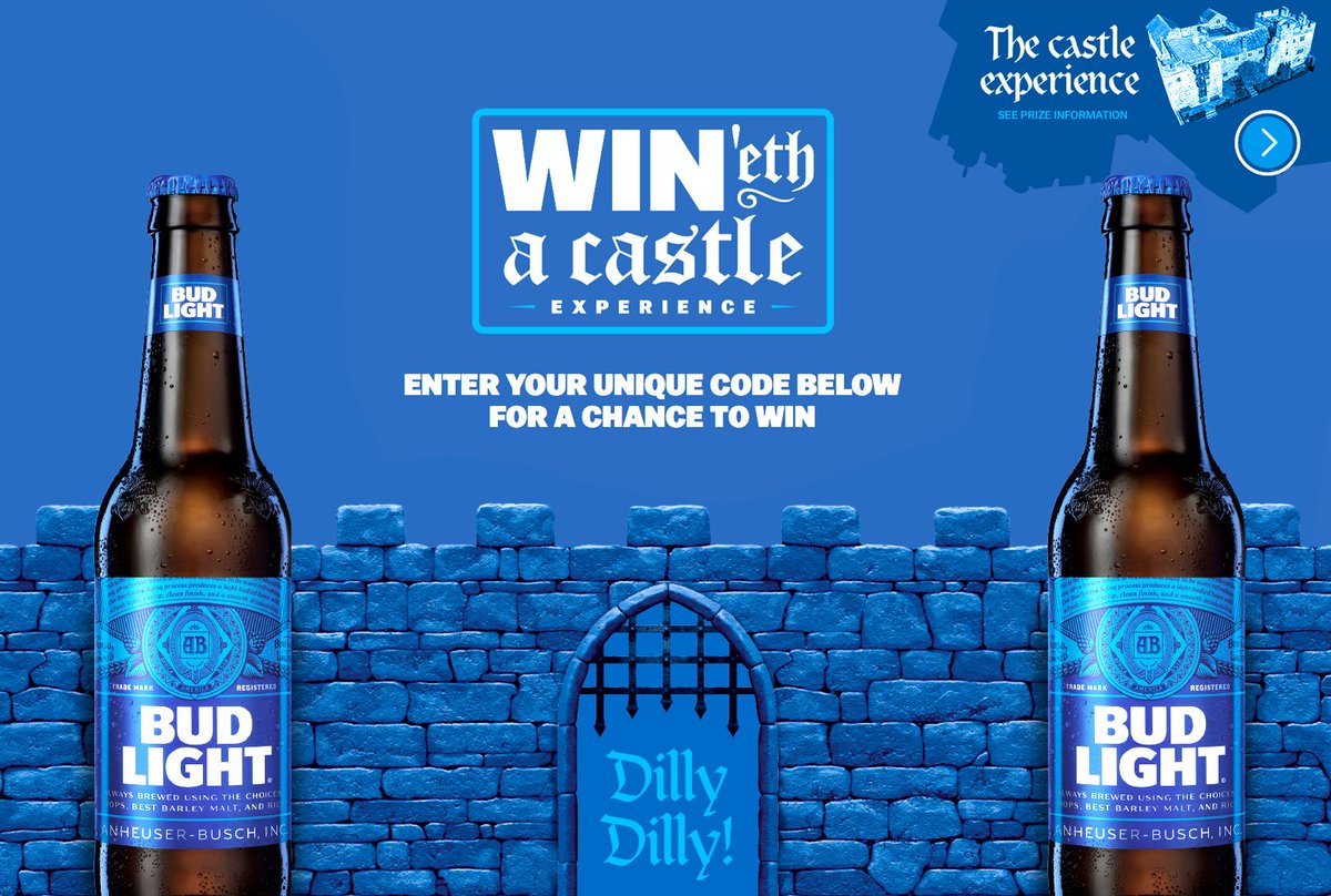 MylesTalbot's tweet photo. BUD LIGHT - WIN'eth a Castle experience! We just spotted a recent illustration created for BUD LIGHT packaging, to win a 7 day castle experience for you and your mates! The blue wall and castle gate was created for use on a series of BUD LIGHT promo material. https://t.co/KQ8XMe7E8B