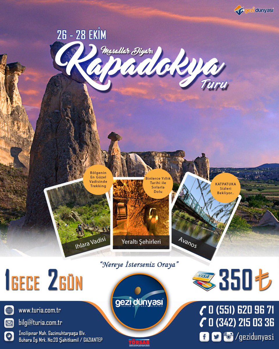 Masallar Diyarı Kapadokya Turu
İletişim: 📞0(551)6209671 #gezidünyası #seyahat #acentesi #gaziantep #gezi #dünyası #turia #turizm #gaziantepgezi #acente #gaziantepçıkışlı #gazianteptur #tur #travel #trip #tour #turiaturizm #gezidunyasi #antep #gaziantep