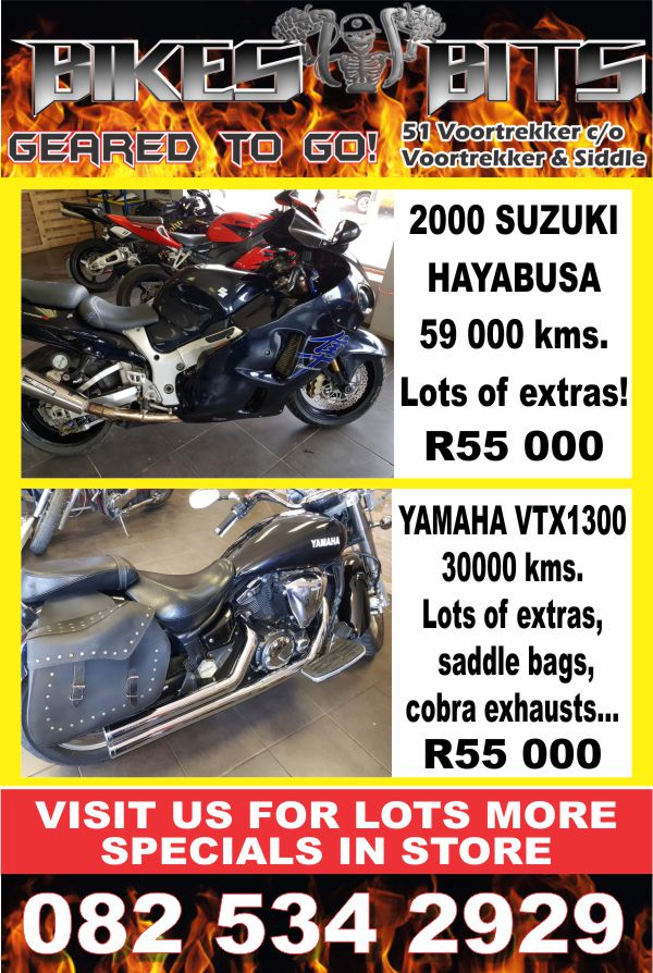 AdWorxDesign's tweet image. SUZUKI HAYABUSA 2000-59 000 kms -lots of extras.
R55 000.00.  YAMAHA VTX1300-30000 kms- Lots of extras saddle bags, Cobra exhausts, screen, sissy etc. R55000.00.  Visit us for lots more specials in store
Call Bikes &amp;amp; Bits at 082 534 2929 .
facebook.com/bikesandbits/p…