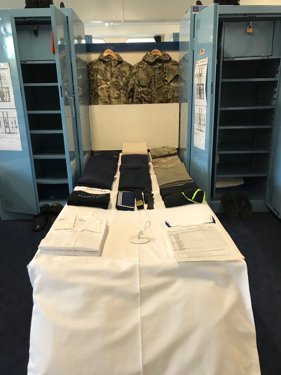 HMS_Raleigh's tweet photo. Well done to the Cornwell 13s who passed their Final Kit Inspections. Clean crisp lines and all presented in A4 size. Four weeks until Pass-Out . #lifeasasailor #C2DRIL https://t.co/KRFqUh4ecJ