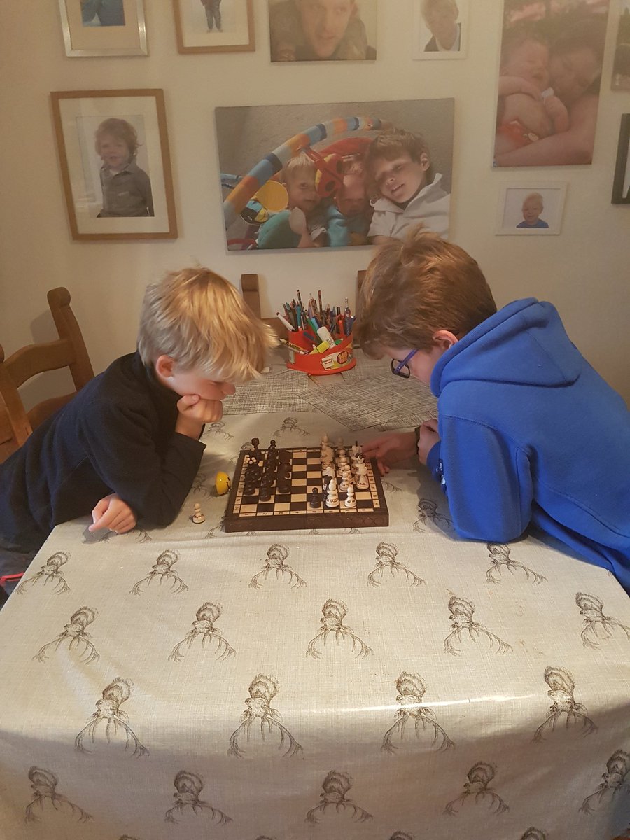 Boys playing a very mellow game of chess instead of homework #woodlandwellbeing @RainowPrimary