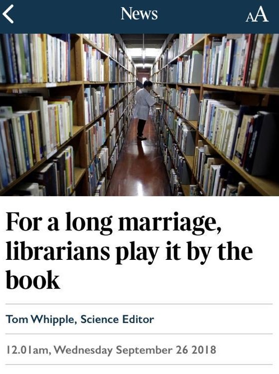 NickPoole1's tweet photo. In case you needed another reason to support the UK's wonderful #librarians, according to today's @thetimes if you want a long and happy marriage, marry a librarian! MT @CILIPinfo #LoveLibraries https://t.co/XvPM7rOcss