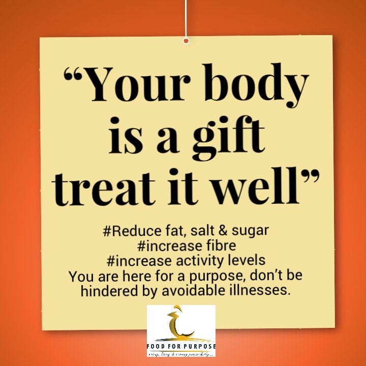 Your body is a gift... treat it well! 
Live, eat & serve purposefully! 

#Healthychurchinitiative
#eatwell
#exercise
#livepurposefully
#healthiswealth