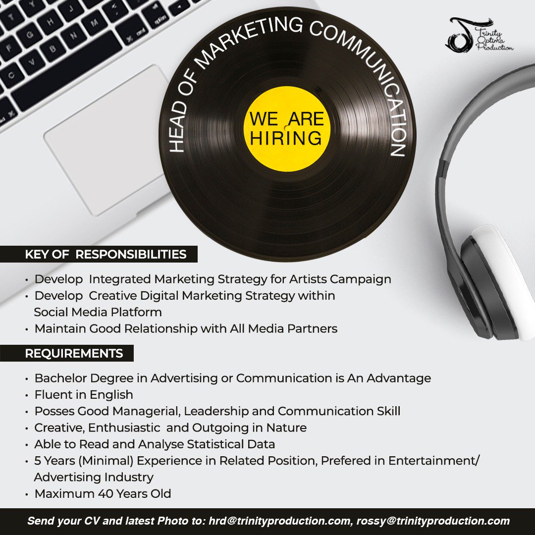 TrinityOptimaP's tweet photo. We are hiring head of marketing communication..

Come and join us! 😆🙏🏻

#TRINITYOPTIMAPRODUCTION https://t.co/AURUObZbhf