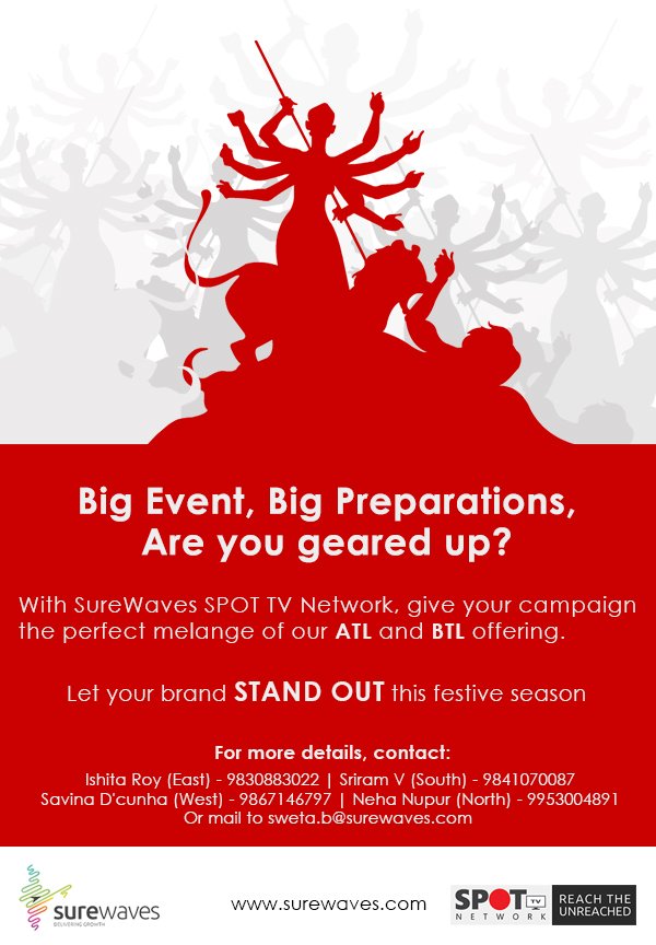 SureWaves's tweet photo. Big Event, Big Preparations, Are you geared up?
#DurgaPuja2018 #DurgaPujaMedia #DurgaPujaAdvertising https://t.co/d6Wkk9NNfY