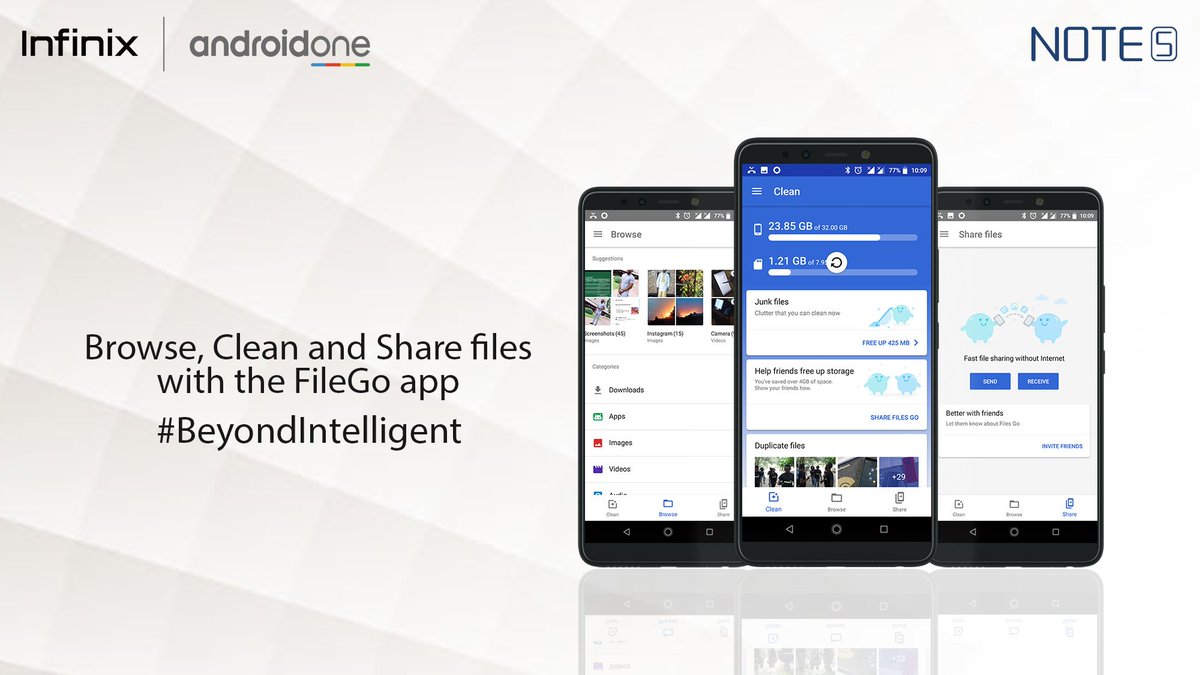 InfinixMobileTZ's tweet image. Manage your storage, find files faster and share them easily with Files Go App in your Infinix NOTE 5. #BeyondIntelliegent #WithNOTEwhyNot
