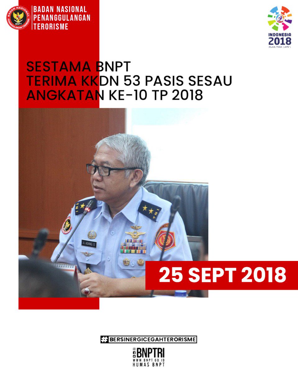BNPTRI's tweet photo. Sestama BNPT Terima KKDN 53 Pasis SESAU Angkatan Ke-10 TP 2018
https://t.co/foTNhVivnV …
#bersinergicegahterorisme #antiradikalisme #antiterorisme #kebijakanberdampak #bnptri #bnpt#sahabatdamai #damailahindonesiaku #mahasiswa #KKDN #pasis #SESAU #indonesiadamai https://t.co/mKqLWy7YrF