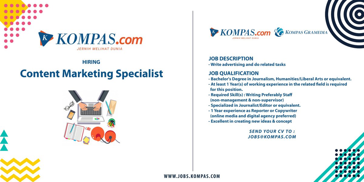 DataDabLLP's tweet image. RT @JobsKompascom: We're Hiring Content Marketing Specialist. Send your CV to :  jobs@kompas.com (Subject : Twitter Content Marketing Specialist) #Jobskompascom #Loker #Kompascom