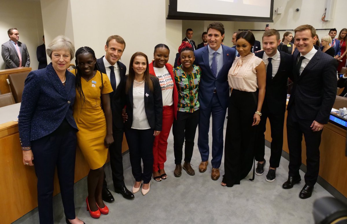 Bonang's tweet photo. ...today’s panel discussion with special guests ,Prime Minister of the UK -Theresa May, President of France - Emmanuel Macron &amp; Prime Minister of Canada- Justin Trudeau. #LeaveNoGirlBehind #UNGA @GlblCtzn @Hughcevans @patricklanglois https://t.co/Wxro7PkmcZ