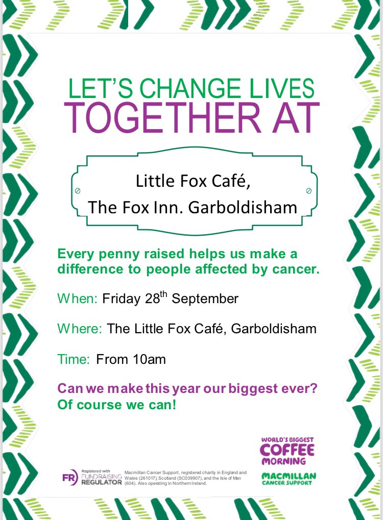 FoxGarboldisham's tweet photo. Don’t forget to come along on #Friday  and support this great #charity @macmillancoffee @macmillancancer all here at the #LittleFoxCafe @thefoxreturns https://t.co/MdBFrRyY9p
