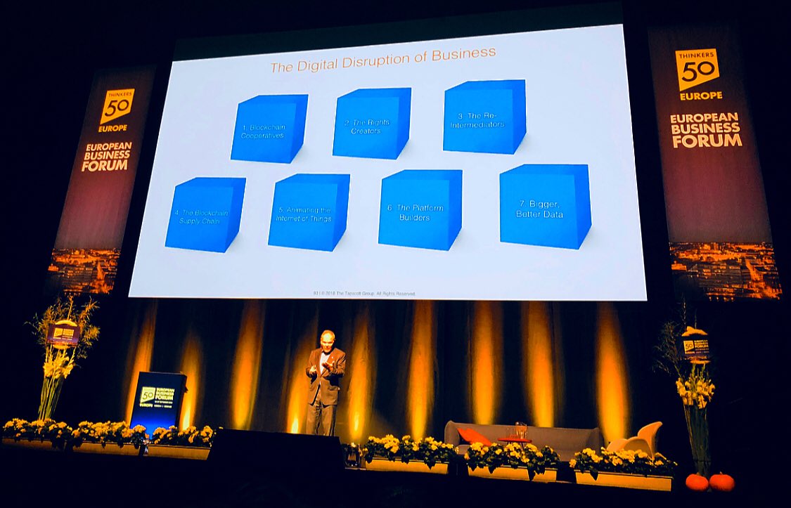 joelasiapacific's tweet image. Live from the @thinkers50 #T50EBF:  #Canadian Don Tapscott discusses the 7 blocks digitally-disrupting business now. More on Don’s expertise at dontapscott.com

Up soon we’ll have @IEbusiness Professor Andrew McCarthy and Ecoalf President @JavierGoyenech2 on stage too.