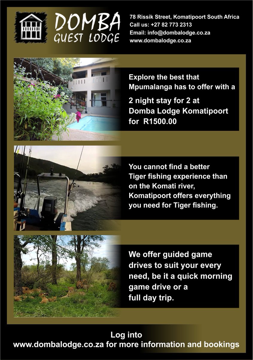 We offer #Affordable, Comfortable and Clean #Accommodation 
Activities in the area include:
#Golf 
Full Day and Half Day Game Drives 
Tiger Fishing 
#Bird Watching and many more fun activities:
Book online right here:
dombalodge.co.za/reservation-re…