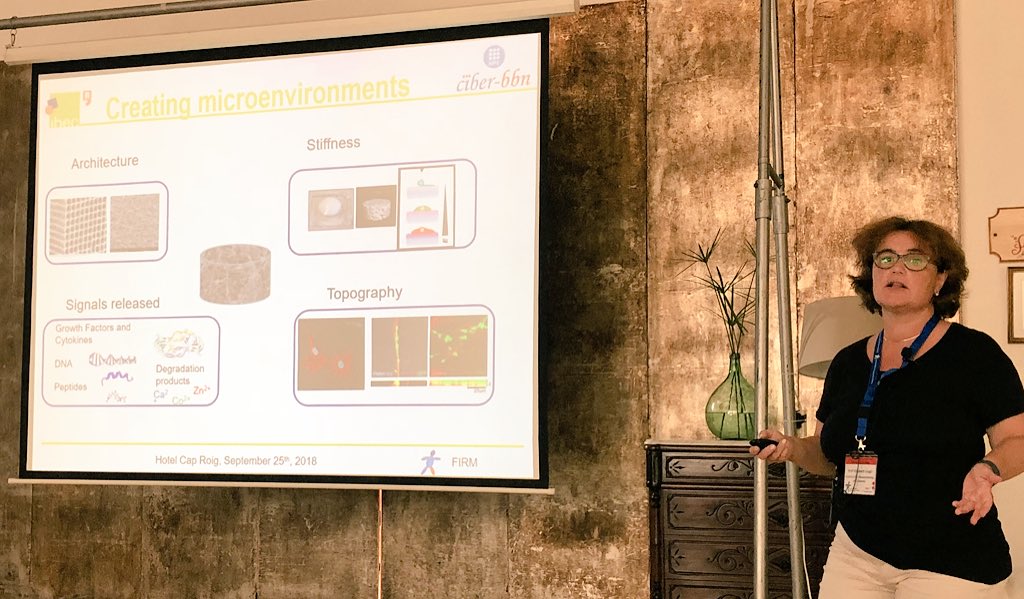 Tim_WoodfieldNZ's tweet photo. Prof Elisabeth Engel @IBECBarcelona kicking off #FIRM2018 day 3 talking on creating microenvironments for promoting angiogenesis for #woundhealing and PLA substrates for #neuronalgrowth #serendipity #commercialtranslation @FIRMSymposium https://t.co/lHdWqdKR6W