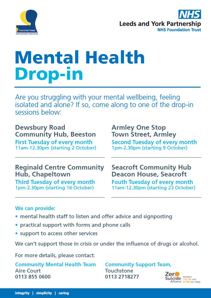 Touchstone_Spt's tweet image. Leeds Mental Health Drop-in in partnership with @LeedsandYorkPFT. New dates, times and venues starting at @DewsburyRoadHub on Tuesday 2nd October 11am-12.30pm 🙂