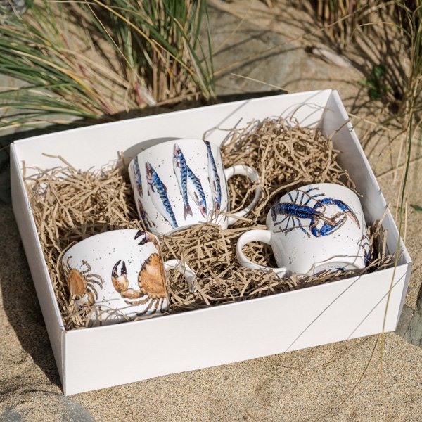PadstowLobster's tweet photo. Beautiful Lobster, Crab, Mackerel Mug Hamper, designs by @CarolineCleave. Order online today from the Little Shop of Lobsters, @PadstowLobster. Proceeds support wild lobster populations. #cornwallhamper #sealife #marineconservation #littleshopoflobsters https://t.co/rnV0k7Ta4N