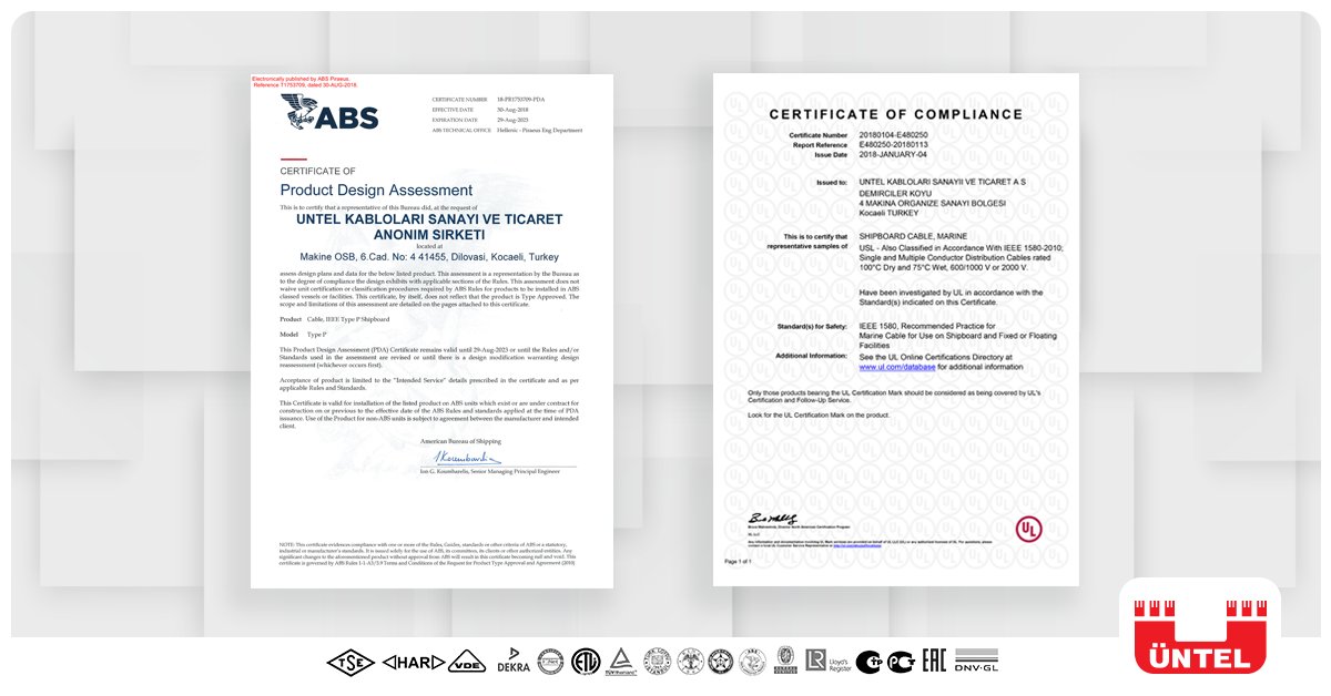 UntelKablo's tweet photo. We proudly announce to get the ABS and UL Certificates for the IEEE 1580 TYPE P OFFSHORE CABLES. We are waiting for your valuable inquiries. 
#Offshorecable #ABS #UL #IEEE1580TYPEP #Untelcable #ÜntelKablo #Offshorekablo https://t.co/FGNGmqyY7t