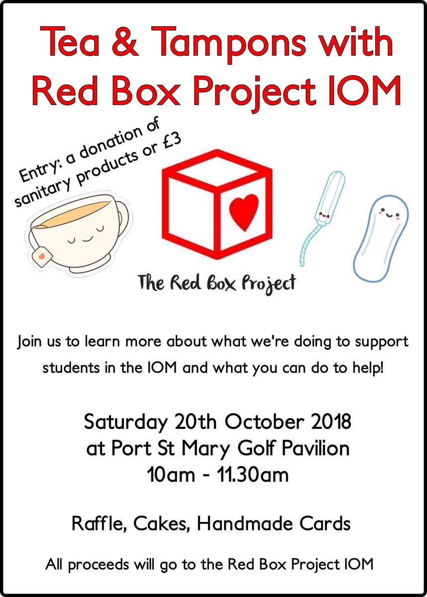 RedBoxIOM's tweet image. Tea and Tampons? Don't mind if I do! 

Come along and chat about the #RedBoxProject and what we are doing to help students across the Island access #period products when they need them. 

And also drink tea and scoff biscuits! Win-win! 

#EndPeriodPoverty #Kindnessmatters #iom
