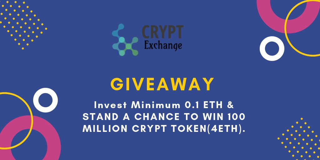 MASSIVE CRYPT TOKEN GIVEAWAY.
MINIMUM INVESTMENT TO PARTICIPATE IN GIVEAWAY 0.1ETH AND RECEIVE YOUR  CRYPT TOKEN IMMEDIATELY. AND STAND A CHANCE TO WIN 100 MILLION CRYPT TOKEN (4ETH). 
1 WINNER WILL BE SELECTED AFTER 10 INVESTMENT
#PREICO #CRYPT #EXCHANGE #GIVEAWAY