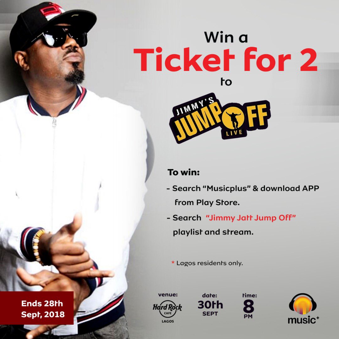 MusicPlus__'s tweet image. Win a ticket for 2 to @djjimmyjatt ’s “JIMMY JUMP OFF” at Hard Rock Cafe beach front. 

TO WIN:
- Search “Music Plus” &amp;amp; download the App from Playstore
- Search “Jimmy Jatt Jump off” playlist and stream! 
#Jimmyjumpoff #Jimmyjatt #Win #Free @mtnng @djjimmyjatt @mtechnigeria