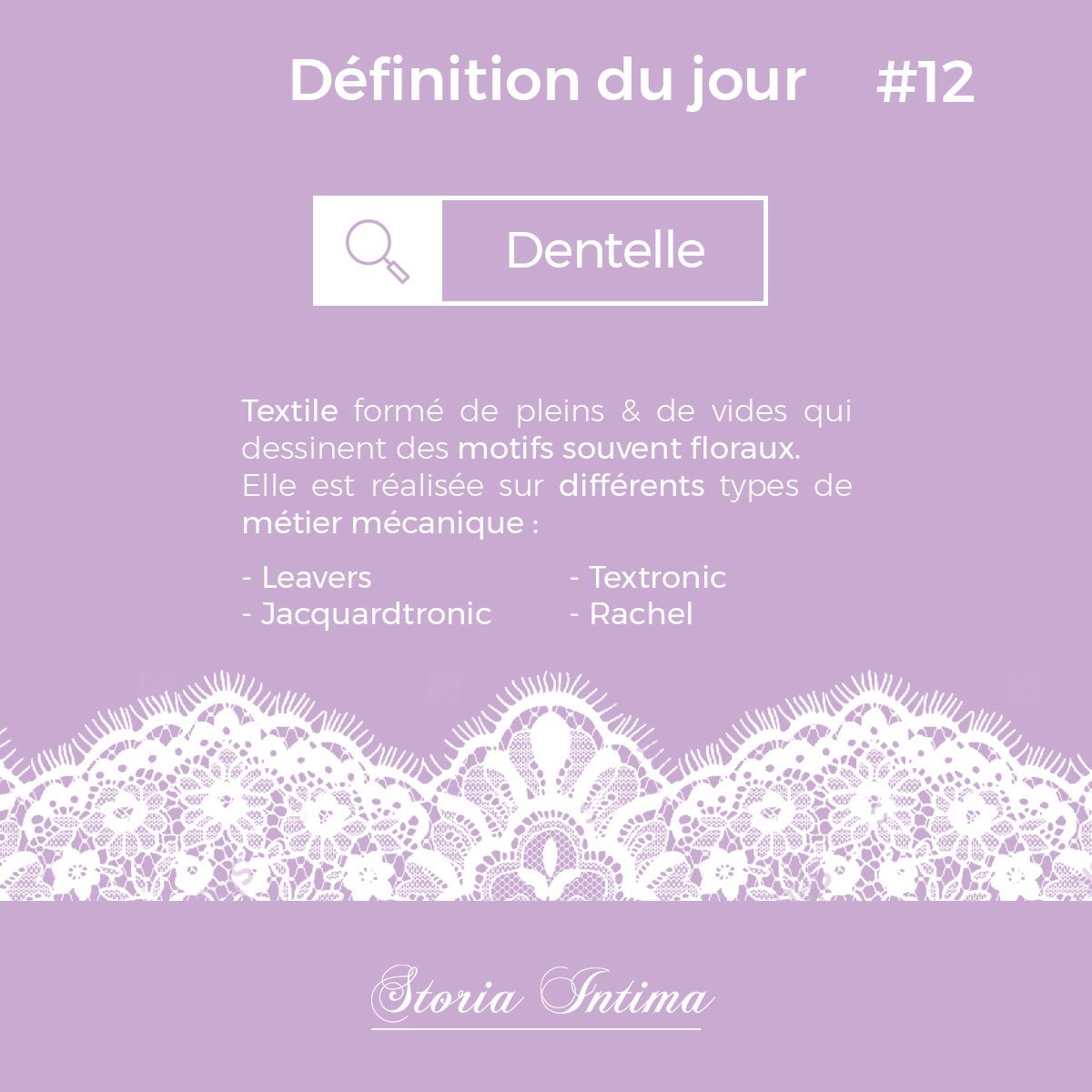 StoriaIntima's tweet photo. La définition Storia Intima du jour : Dentelle
#dentelle #définition #lexique #motdujour #learnfrench #Français #culture #savoir #connaissance #lingerie #sexy #textile #métier #mécanique #motif #jacquard #textronic #tronic #leavers #Rachel https://t.co/fsbLKFawlJ