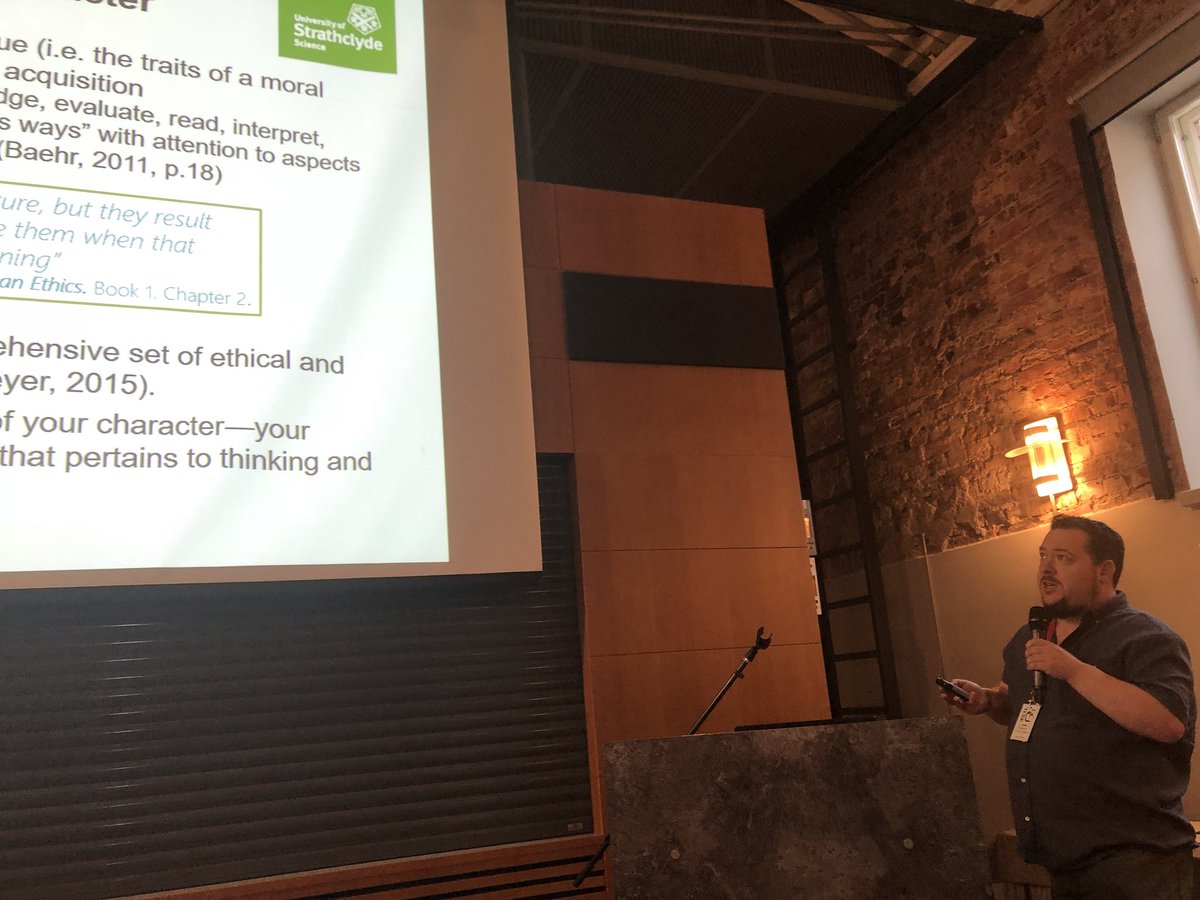 Dinamartz's tweet photo. #ECIL2018 virtue epistemology: Aristotle philosophy at the centre. This is really, really important for what we do (I’m Greek so you’d expect that reaction). Fascinating, different and refreshing study. Analysed Big 6 &amp; ACRL model @D_McMenemy https://t.co/scufiMhGE4
