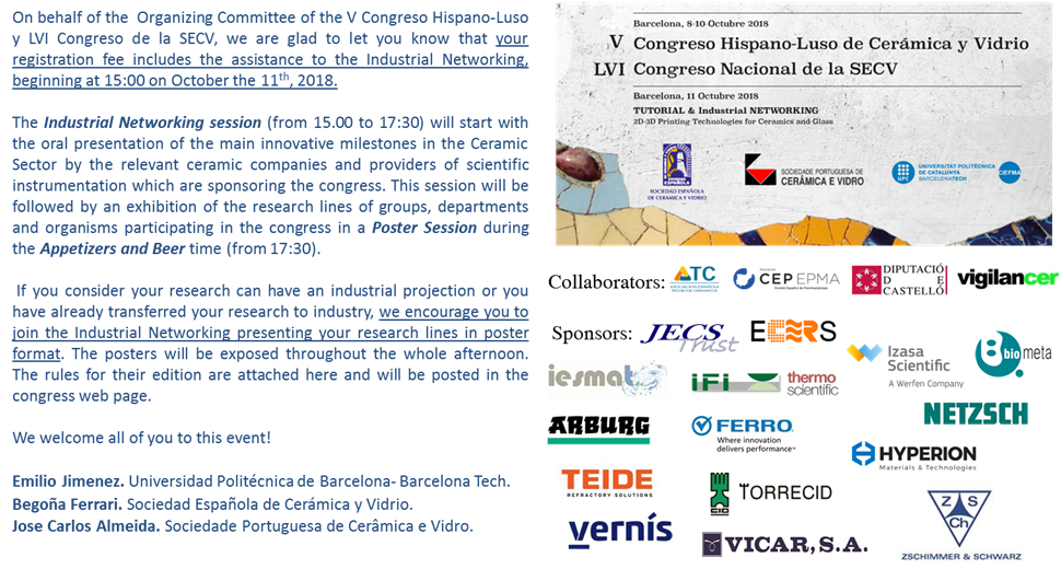 SocEspCeramVidr's tweet photo. Industrial Networking Session at #CyVBCN2018
📆Thursday 11 October 15H
📍 Barcelona @la_UPC @atece_org #EceRS @refractories_ #iesmat @thermofischer @IzasaScientific #biometa @MaterialCharact #arburg #ferro #hyperion @TORRECID_ #vernis #vicar @PedroZschimmer @ASCER_comunica https://t.co/wCgGhgj8fx