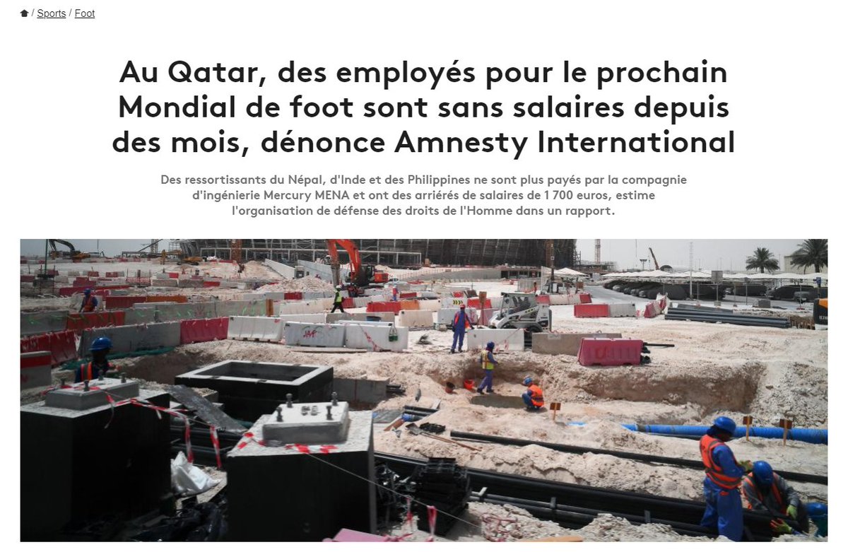 Au Qatar, des étrangers ne sont pas rémunérés depuis presque un an, sont interdits de quitter le pays ou même de changer d'"employeur".
En clair, ça s'appelle de l'esclavage.
Chère FIFA, chère communauté internationale, vous réagissez au lieu d'empocher les milliards du #Qatar ?