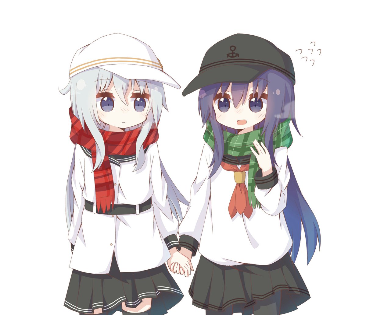 akatsuki (kancolle) ,hibiki (kancolle) ,verniy (kancolle) multiple girls 2girls scarf hat long hair skirt school uniform  illustration images