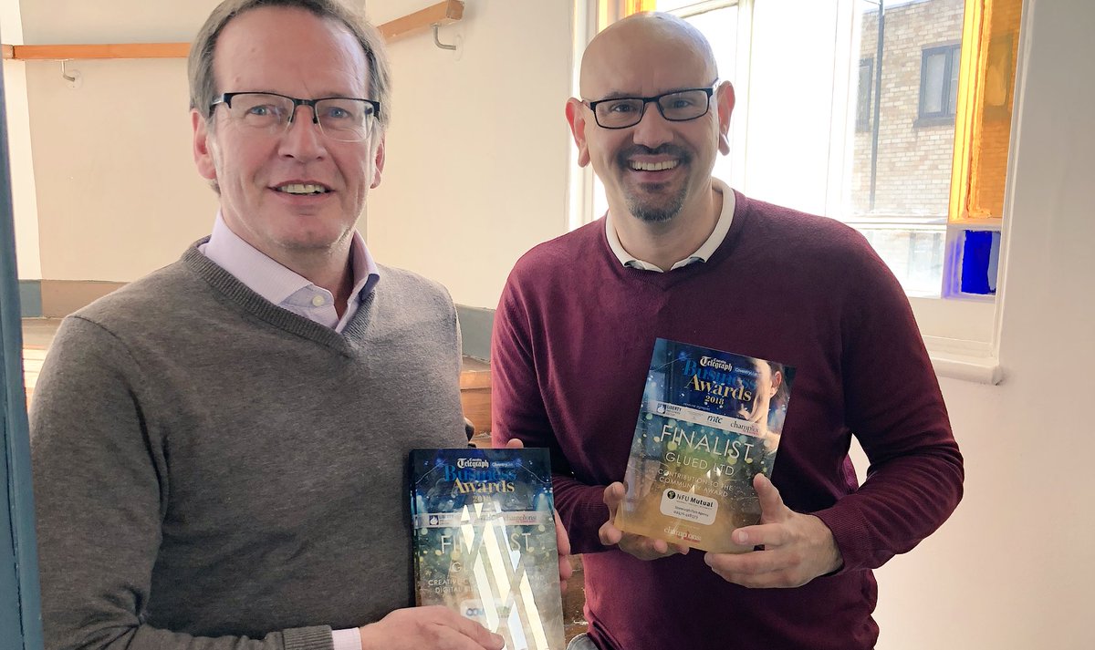 gluedlimited's tweet photo. Rob @rharrisonglued and David @dwCoventry with our finalist awards from last nights @live_coventry #CTBA2018 for Contribution to the Community and Creative Communications & Digital Business of the Year 🍾🍾 https://t.co/7kxclbTvka