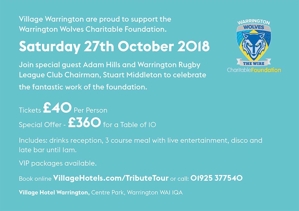 WWRLFoundation's tweet photo. Why not join us on the 27th October at the Village Hotel to celebrate our work within the community at our first annual Gala Dinner.

Tickets are priced at £40 per person or a table of 10 is £360. 

https://t.co/M59NUie1rs or 01925 377540 to book. https://t.co/mUJFU2wKNv
