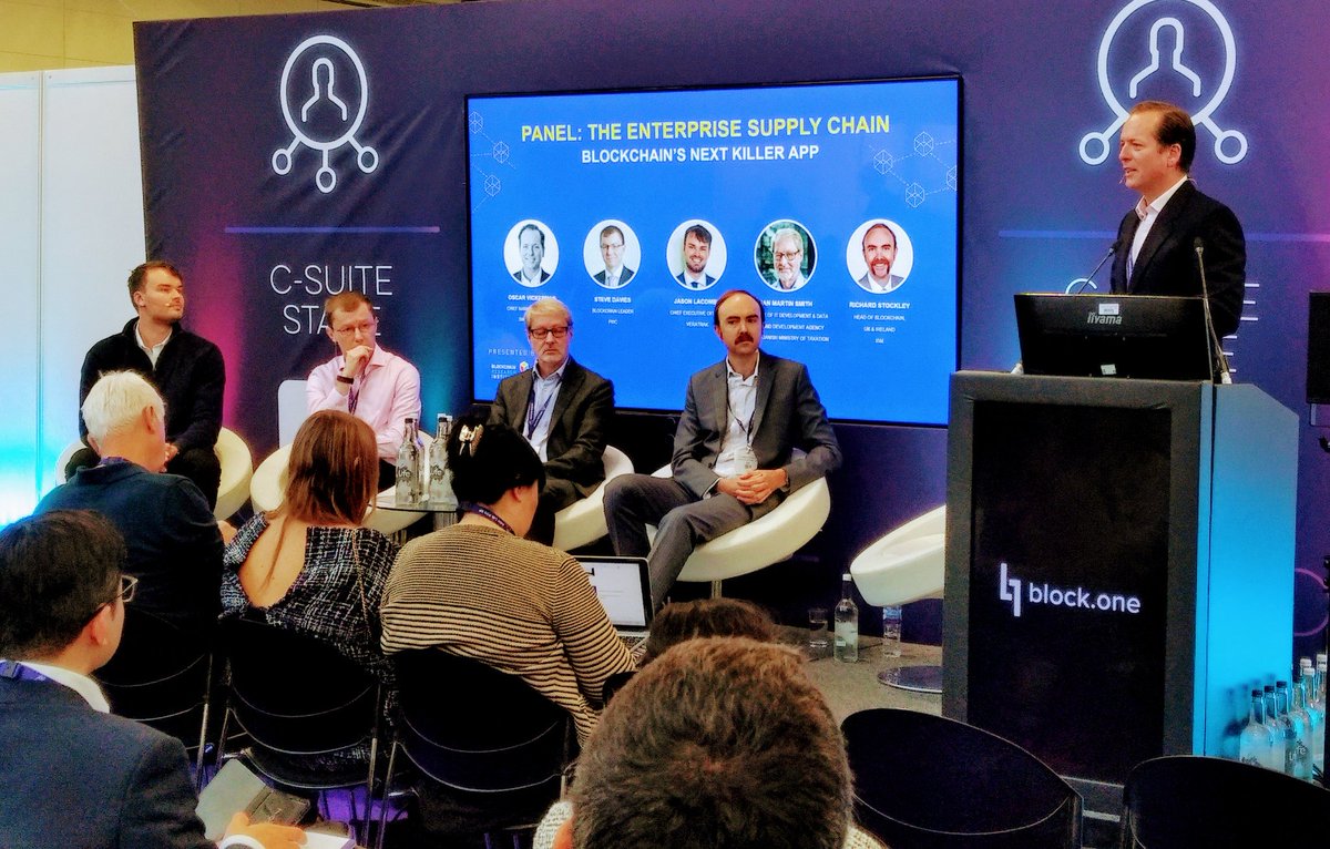Supply chain: Blockchain's next killer application. Oskar Vickerman of @sweetbridgeinc moderates this morning's panel and gets to the heart of the opportunity. #BlockchainLive18