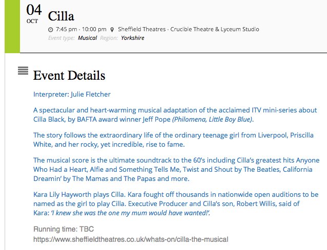 4th Oct 7.45pm #BSLinterpreted Cilla @crucibletheatre musical adaptation of the acclaimed ITV mini-series about Cilla Black. with @KaraLHayworth 
 @SheffieldDeaf @stjohns4thedeaf @DeafTrust @CastleCommServs