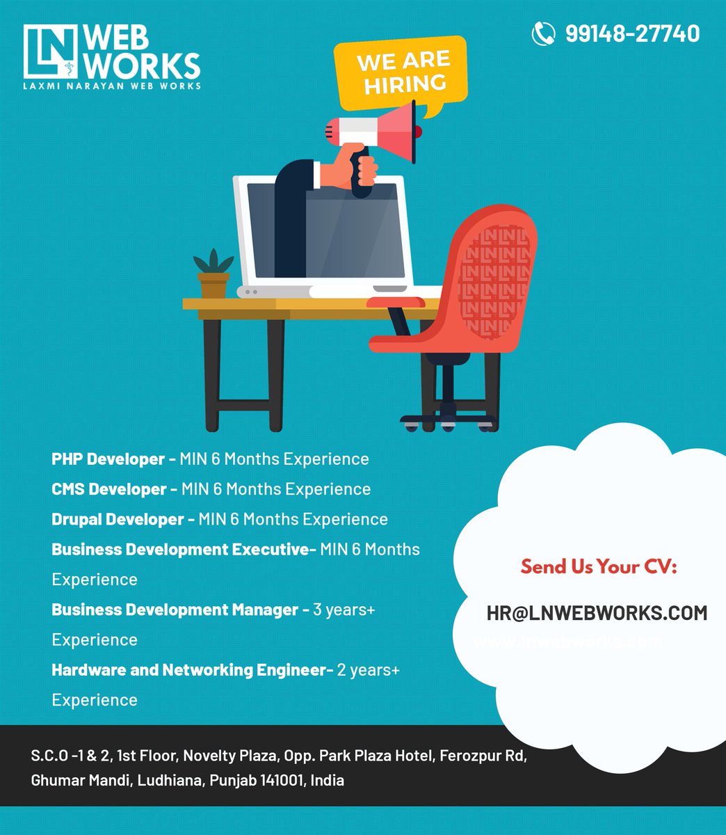 LNWebworks's tweet image. Urgent Requirements!!
#PHPDevelopers
#CMSDevelopers
#BDM
#BDE
Interested candidates can send their resume at HR@LNWEBWORKS.COM or call at 9914827740