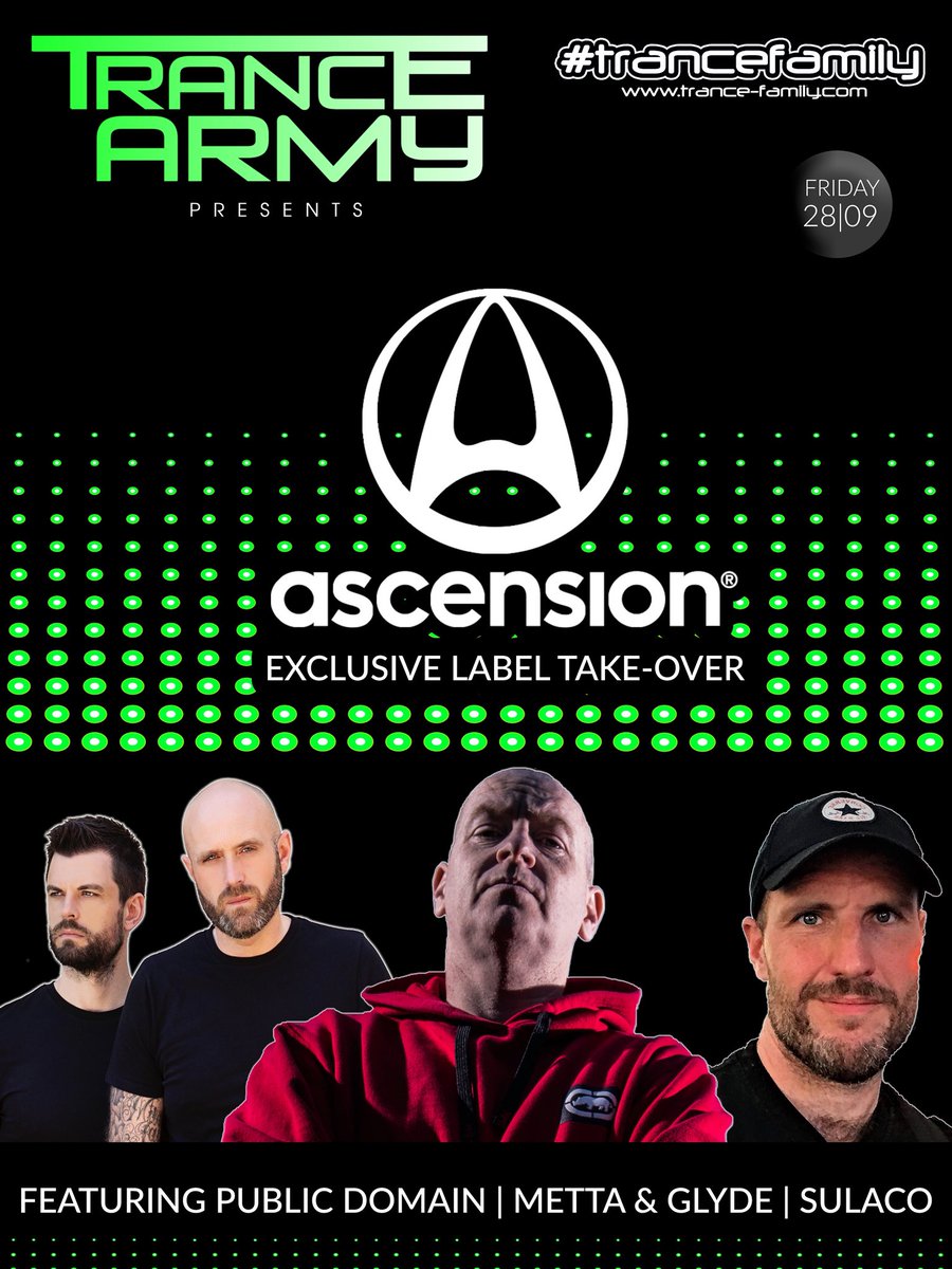 AscensionMusic's tweet photo. This Friday from 11pm GMT the @AscensionMusic takeover of @TheTranceArmy on @TranceEnergyORG with mixes from Public Domain, Sulaco and @MettaandGlyde tune in at https://t.co/Fj63T5U9Pl #trance #trancearmy #trancefamily #tranceaddict #ascensionmusic #ascensionites #radio https://t.co/NLn0yNtSiJ