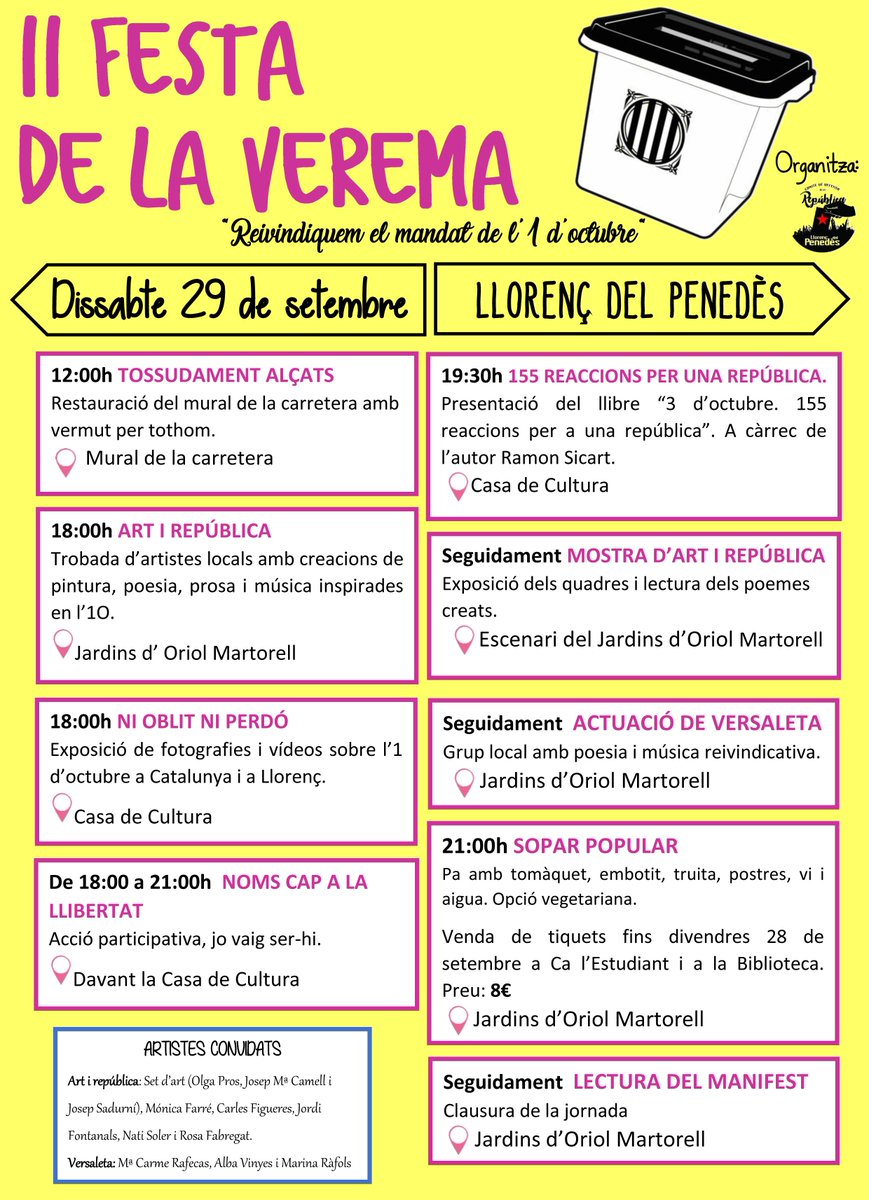 CDR_Llorenc's tweet photo. Dissabte 29/9 a #Llorenç del #Penedès celebrarem la II Festa de la Verema per reivindicar el mandat del #Referèndum de l'1 d'octubre del 2017. #1Oct
Si vas anar a votar fa un any vine a reviure aquest moment i a reivindicar la implementació del resultat #cdrenxarxa @CDRCatOficial https://t.co/cbUfJ9HriZ