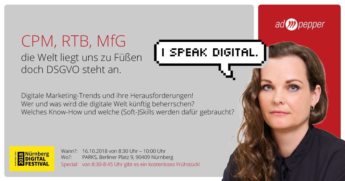 adpeppergermany's tweet photo. #adpepper at @nueww! Was sind die digitalen #Trends 2018? Welche Herausforderungen bringen sie mit sich? Das und vieles mehr erfahrt ihr von unserer Online-Marketing Expertin Susanne Pilz am 16. Oktober im @StadtPARKS. Meldet euch jetzt direkt hier an: https://t.co/LntCPGRnd5 https://t.co/JrKNHaInPn
