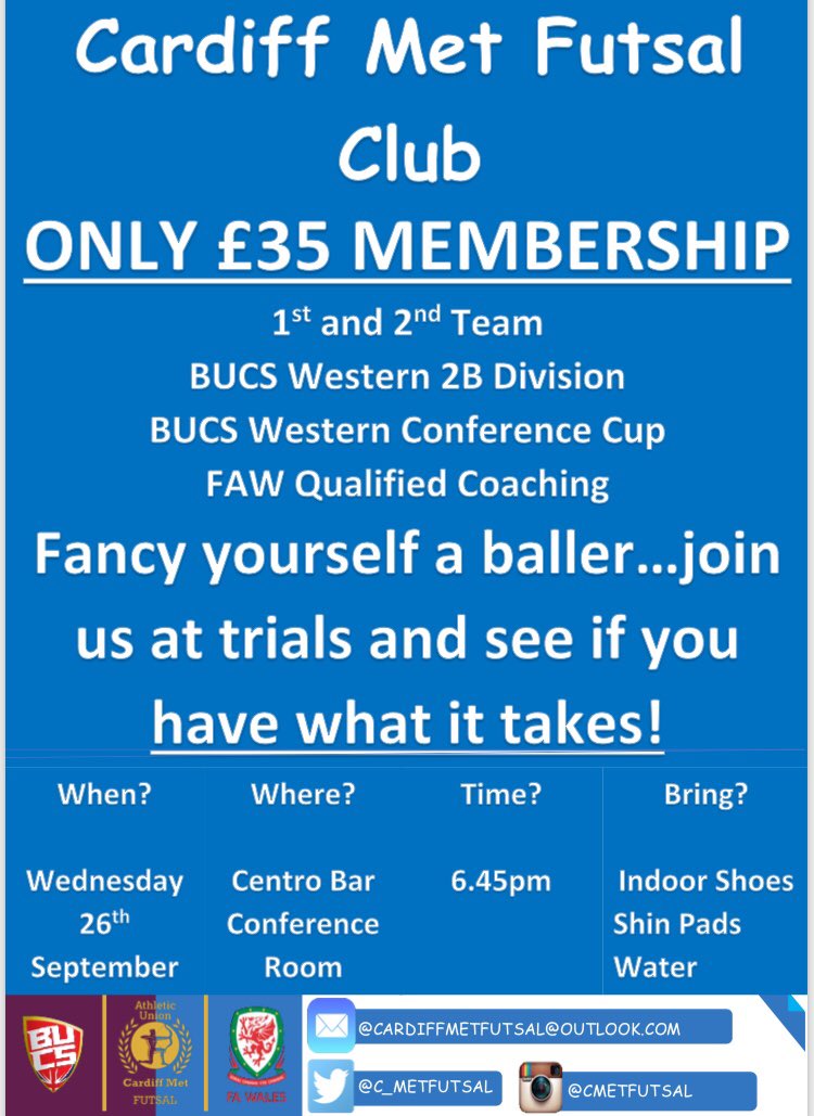 C_MetFutsal's tweet photo. 📣 Final reminder that it’s Futsal trials tonight! 📣 Come along, bring your friends, see if you can make the cut ⚽️ #CardiffMet #CardiffMetSU https://t.co/yVAmEBihiP