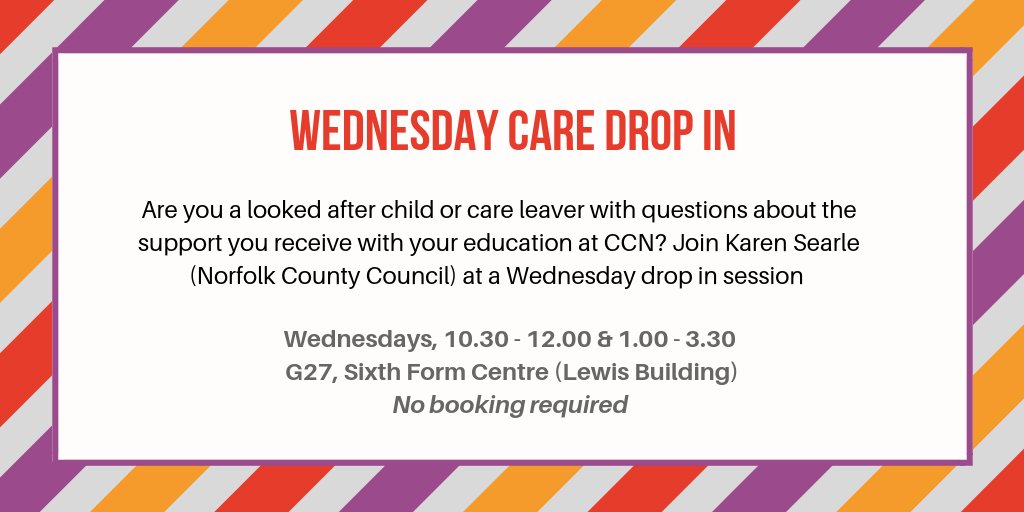 norwichcollege's tweet photo. If you're a looked after child or care leaver at CCN, and you have questions about the support you receive, come along to the Wednesday drop in centre for impartial advice &amp; guidance https://t.co/snnJ6pf73f