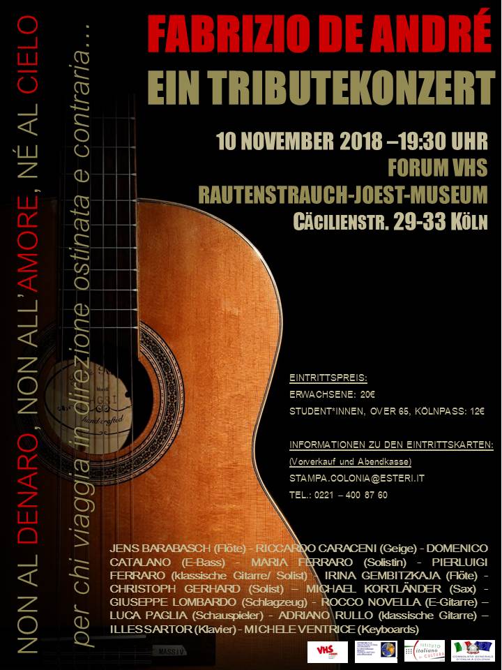 ItalyinCologne's tweet photo. TRIBUTEKONZERT ZU EHREN VON #FabrizioDeAndré: Am: 10. November 2018 - in #StadtKoeln - im #VHSForum - weitere Informationen: stampa.colonia@esteri.it https://t.co/7O0diW5XCA