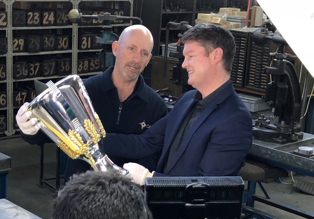 BenCarrollMP's tweet photo. Frankston manufacturer Cash’s has a connection like no other to #AFL Grand Final week. Every year Vin and the team not only make the Premiership Cup but the Brownlow, Norm Smith, Jock McHale and Premiership medals too. #springst #madeinvic https://t.co/h9kG99JYUc
