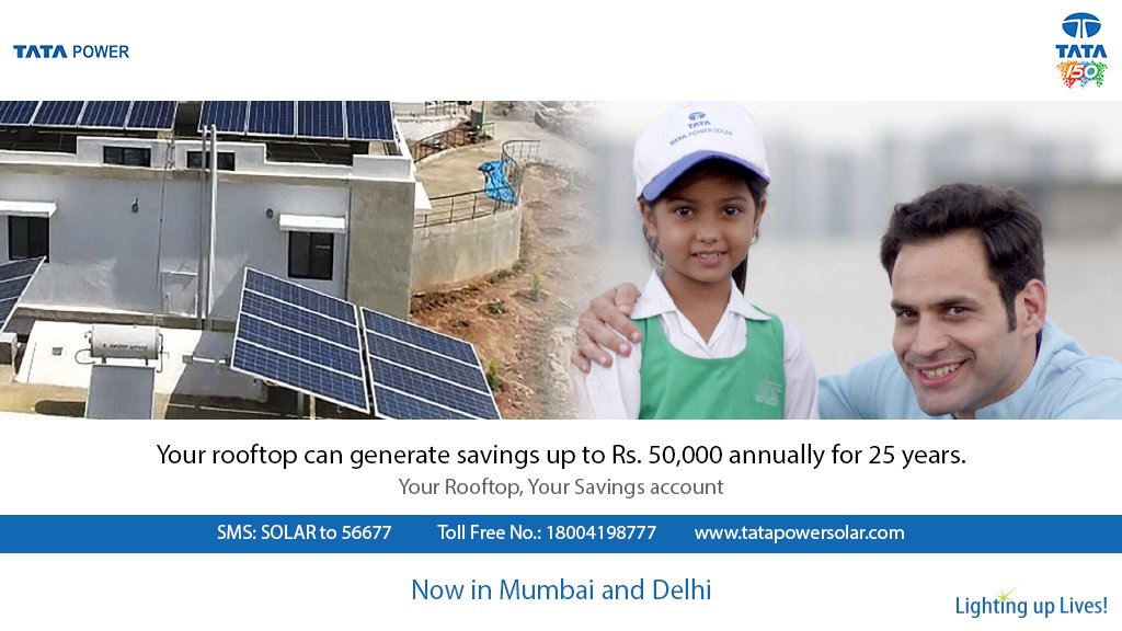 TataPower's tweet photo. Ever thought of your #rooftop becoming your savings account? With #TataPowerSolar #RooftopSolutions, you can save up to Rs 50,000 annually on your #electricity bills for 25 years. Watch our video https://t.co/q1SoEHRgQ0 to know more about it. Your Rooftop, Your Savings Account. https://t.co/K6CBHZhSv4