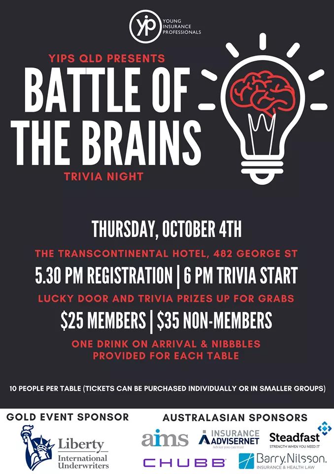 Tickets are selling fast for the YIPs QLD annual Battle of the Brains. Please get in quick to secure your team's tickets here eventbrite.com.au/e/yips-qld-bat…