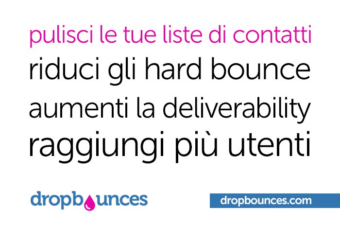 DropBounces's tweet photo. Prova il primo #ListCleaner italiano: subito per te 1000 crediti per verificare e validare i tuoi indirizzi email e migliorare sensibilmente la deliverability delle tue #newsletter.
Registrati su https://t.co/tuNIDwK0Zz
#EmailMarketing #Imprese #Startup #PMI https://t.co/pkYIL8bCjh