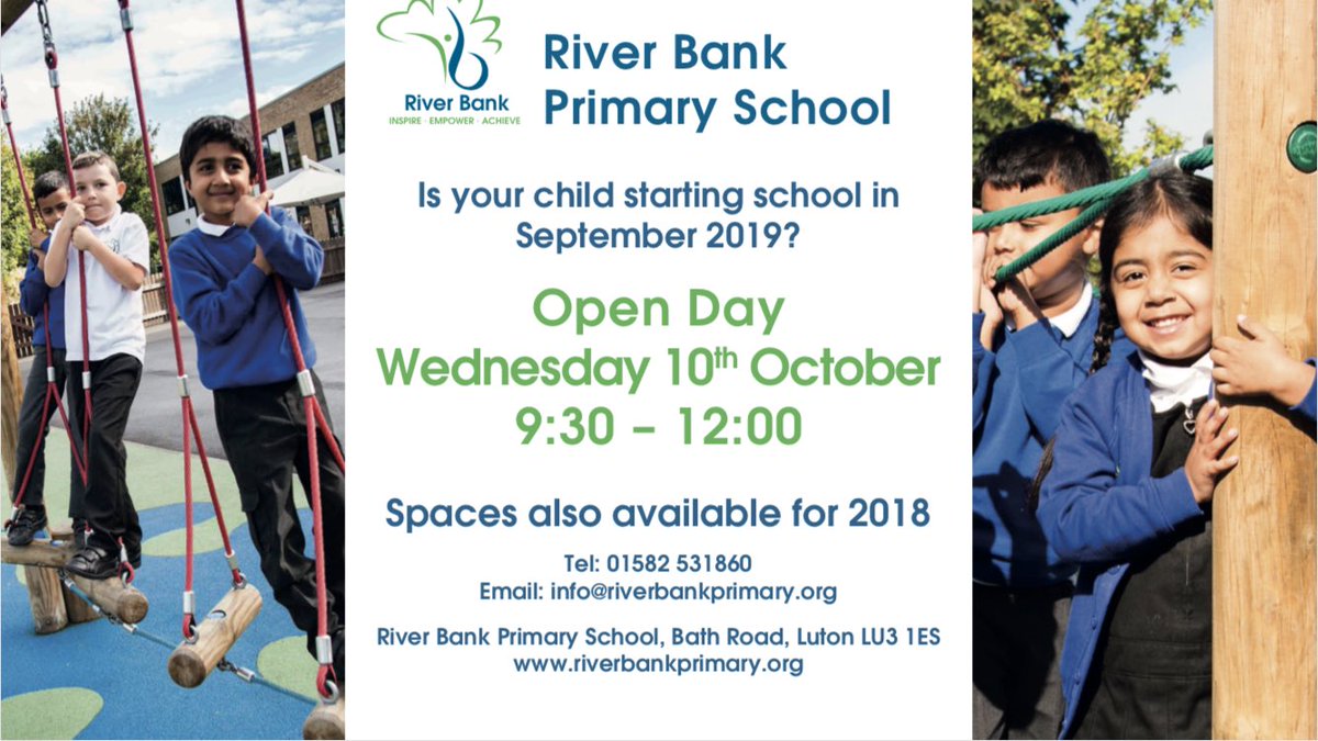 riverbankluton's tweet photo. We would like to invite you to our Open Day on Wednesday 10th October.  We look forward to seeing you there #riverbank #offtoschool @ActiveLuton @activeedluton @love_luton https://t.co/7f1xWtNlnl