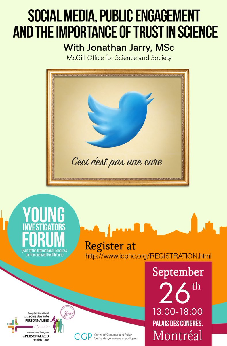 ICPHC's tweet photo. #ICPHC2018 is hosting its Young Investigators Forum today at 1:30PM, @Palais_Montreal. Speakers from @mcgillu will walk us through issues such as the use of #socialmedia in #science communication, public speaking, and grant applications. Not too late to register! $50 onsite. https://t.co/k6g6kSv3Um