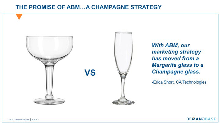 Demandbase's tweet photo. .@EricaShort7 coined the phrase that #ABM has shifted @CAinc’s marketing strategy from a margarita glass to a champagne glass. Essentially moving better qualified account through the funnel #DBatDF https://t.co/C0ZpxNCdVw