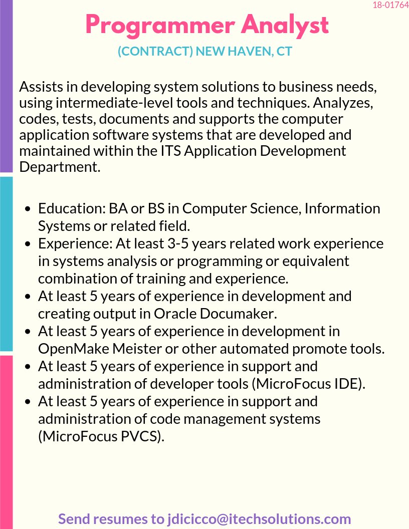 iTechSolutions_'s tweet image. We have an opening for a Programmer Analyst for a Contract position in New Haven, CT. #Programmer #ProgrammerAnalyst #Analyst #ProgrammerJobs #ProgrammerAnalystJobs #AnalystJobs #ITjobs #HotJobs
buff.ly/2xQJ7P7