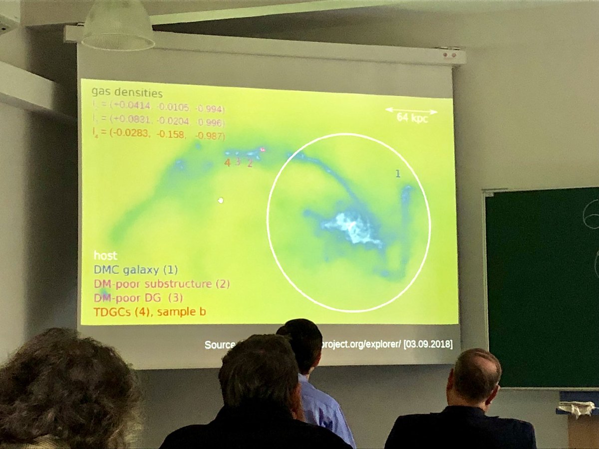 8minutesold's tweet photo. Haslbauer: TDG candidates are almost all found close to a host galaxy, consistent with a tidal origin. Shows some examples where you still see a tail and have phase-space correlated TDG candidates. #CoSS18 https://t.co/WfSlvzI0ai