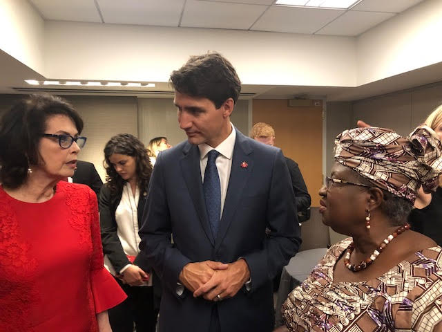 NOIweala's tweet photo. Discussing Gender Equality and the importance of getting women on boards and increasing the number of female CEOs with HE Prime Minister Justin Trudeau of Canada, a huge champion of gender equality; Mr Ray Chambers, UN envoy on the SDGs and Ms Dayle Haddon Founder of WomanOne https://t.co/8Qj53dkf47